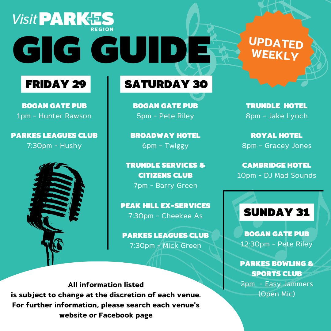 Discover the most electrifying live music events in our vibrant Shire this weekend! The gig guide is your one-stop source for all the thrilling things happening! 🤟 #visitparkes