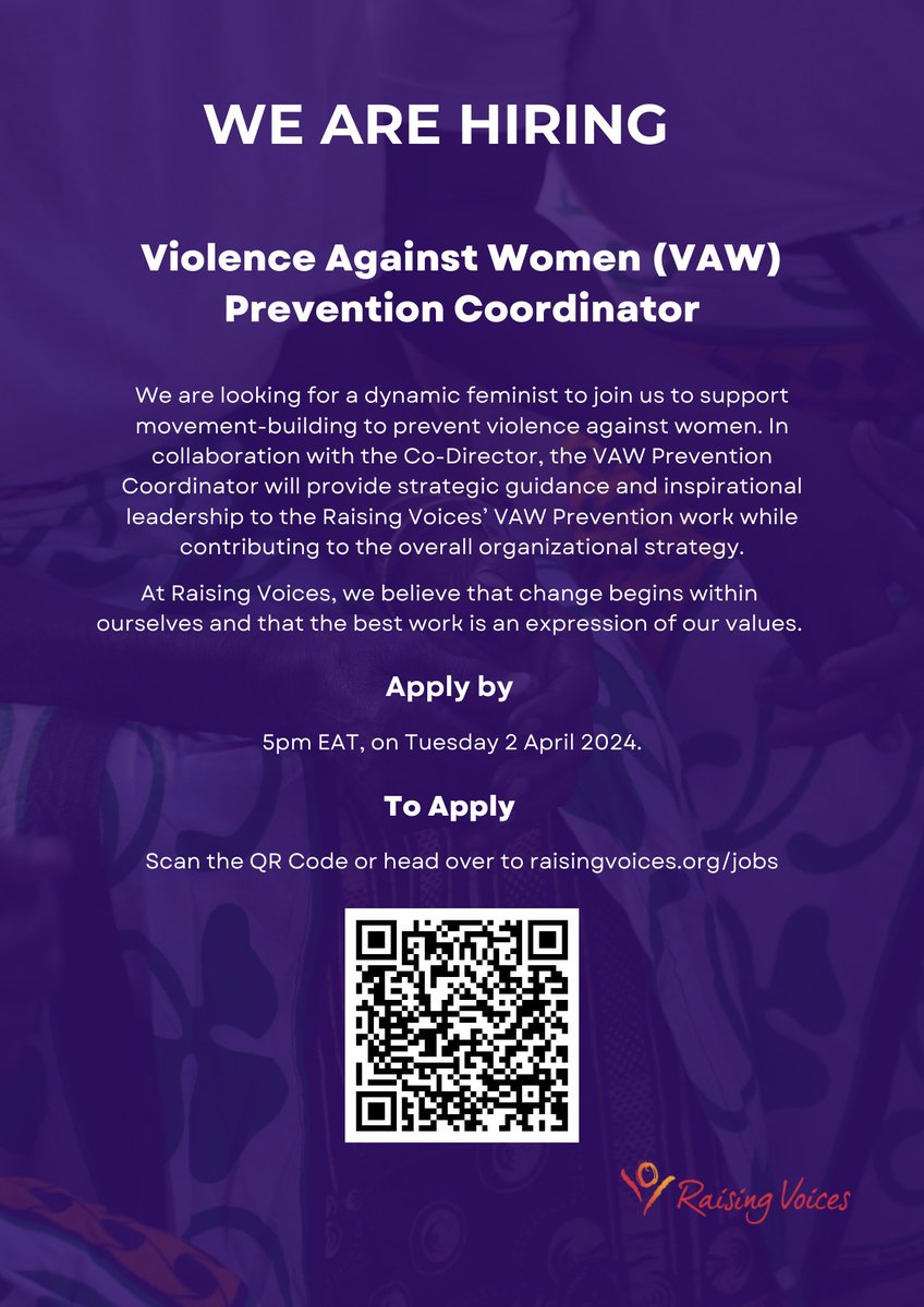 #FeministOpportunity

We are looking for a dynamic feminist to support movement-building to prevent violence against women. The Coordinator will provide strategic guidance and inspirational leadership to our VAW Prevention work.

Learn more and Apply raisingvoices.org/jobs/violence-…