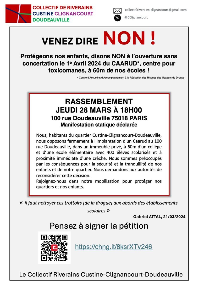 Bonjour #paris18 belle journée de mobilisation 📢

❌NON à l’ouverture d’un Centre #Caarud liée a la consommation de #Drogues à 60 d’une école et d’un collège ‼️
📍100 rue Doudeauville #paris
⌚️18h

<a href="/mairie18paris/">Mairie 18 Paris</a> <a href="/GabrielAttal/">Gabriel Attal</a> 
<a href="/Villettevillage/">Villette Village</a> <a href="/LariboisiereGDN/">Riverains Lariboisière Gare du Nord</a> <a href="/UnionParisienne/">UnionParisienne75</a>