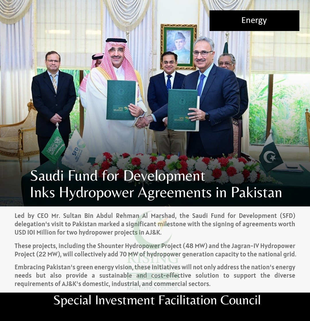 The Saudi Fund for Development signs agreements for two Hydropower projects in AJK, including Shounter (48MW) & Jagran-4 (22MW), helping local industry, reinforcing our green energy goals & reducing cost of imported Fuel to save much needed Foreign Exchange #RisingPakistan #SIFC