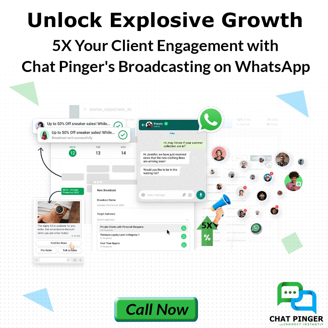 📈🔥 Maximize Engagement with WhatsApp Broadcasting 💥

🌟 Skyrocket your client engagement rates with Chat Pinger's innovative solutions. 🌐

#whatsappmarketing #ChatPinger #whatsappbot #whatsappmarketingapi  #marketing
#chatbot #UnleashPotential #businessmarketing
