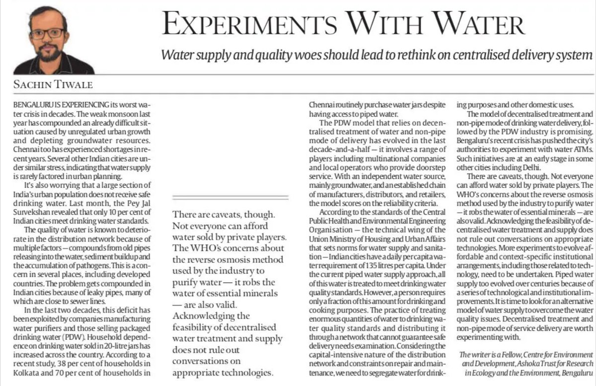 SachT (@sachintiwale) on Twitter photo Time to reimagine water supply! Need to explore decentralized treatment and non-pipe delivery to tackle water quality issues.
My opinion piece in today's Indian Express.
indianexpress.com/article/opinio…
<a href="/MoHUA_India/">Ministry of Housing and Urban Affairs</a> | <a href="/amrut_MoHUA/">AMRUT 2.0</a> | <a href="/NIUA_India/">NIUA_India</a> | <a href="/NITIAayog/">NITI Aayog</a> | <a href="/atree_org/">ATREE</a> Time to reimagine water supply! Need to explore decentralized treatment and non-pipe delivery to tackle water quality issues.
My opinion piece in today's Indian Express.
indianexpress.com/article/opinio…
<a href="/MoHUA_India/">Ministry of Housing and Urban Affairs</a> | <a href="/amrut_MoHUA/">AMRUT 2.0</a> | <a href="/NIUA_India/">NIUA_India</a> | <a href="/NITIAayog/">NITI Aayog</a> | <a href="/atree_org/">ATREE</a>