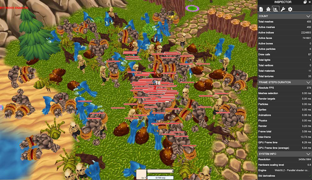 afrokick's tweet image. Performance test - 240 entities with animations (6 different skeletons x 40 instances) VAT is a secret ingredient! Works well on mobiles too. The slowest part is rendering health bar in html)) #webgamedev @babylonjs
