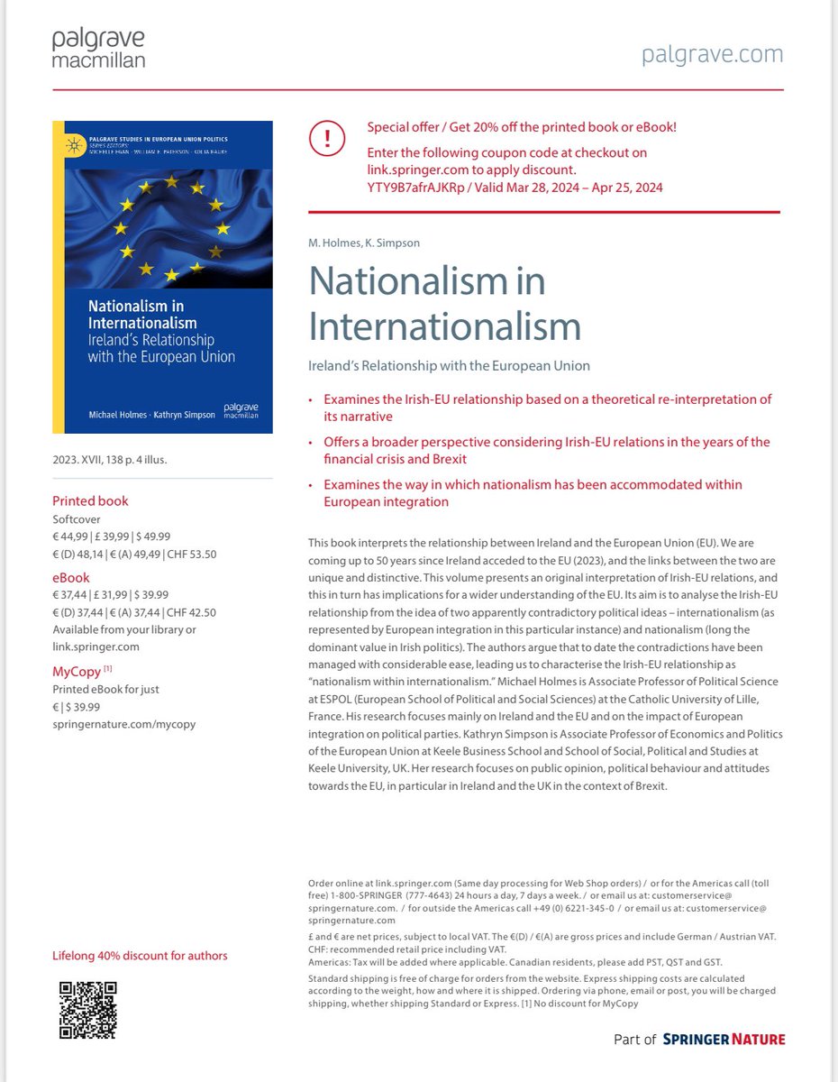 🚀📚TODAY📚🚀 @DanMulhall will be launching my new book Nationalism in Internationalism: Ireland’s Relationship with the #EU 📍 3-5pm @eurireland #Dublin To mark the launch @Palgrave @palmacpolitics have provided 20% discount AND the book is now available in paperback! 👇🏻