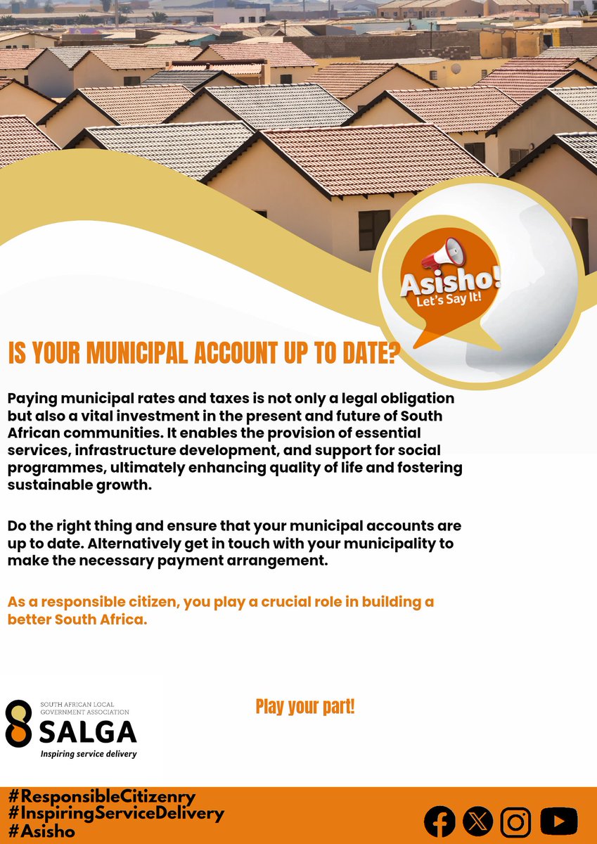 Keeping our communities thriving starts with up to date municipal accounts! If you're facing challenges, don't hesitate to reach out to your municipality as they offer many options&programs for mutual benefit. Be responsible! @MerafongCityLM #Asisho #InspiringServiceDelivery