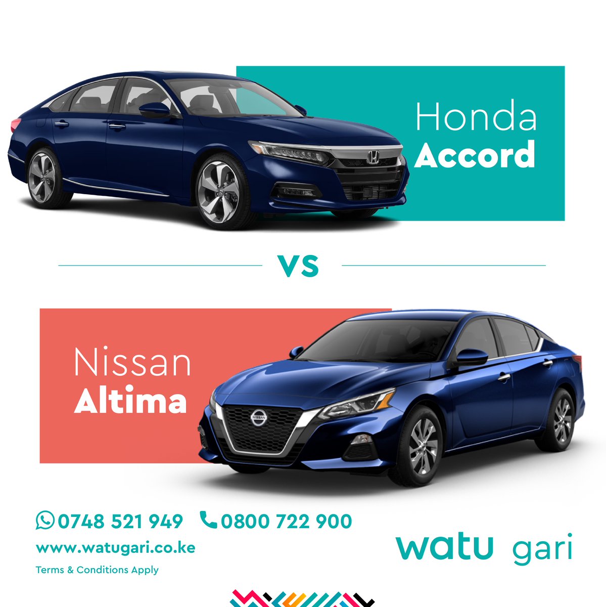 For the #newschool car generation: the sleek and stylish #Honda Accord or the innovative and reliable #Nissan Altima?

Apply online: watugari.co.ke
We are on WhatsApp: 0748 521949

#DriveNdotoZako with Watu Gari's car financing.

#Altima #Accord