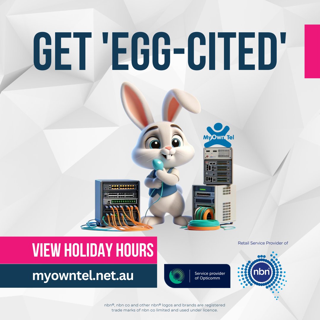 MyOwnTel's tweet photo. Get 'egg-cited' for seamless connections this Easter!🐰🌐

Our Network Manager Bunny is on the job, ensuring you stay connected with family and friends. Hop into the long weekend with unbeatable service.

#StayConnected #EasterEggcitement #MyOwnTel #HappyEaster2024 https://t.co/PuExacJxi7
