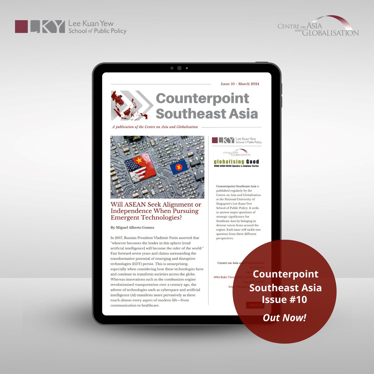 CAG_LKYSPP's tweet image. #CounterpointSEA Issue 10 is out! We explore: &quot;Will #ASEAN Seek Alignment or Independence When Pursuing #EmergentTech?&quot; Featuring @JassieCheng (CAG), @fitbintim (CSIS Indonesia), Deryk Baladjay (DLSU) &amp;amp; @elinanoor (Carnegie). Intro essay by @DrMAGomez. 🔗cag-lkyspp.com/CSA10