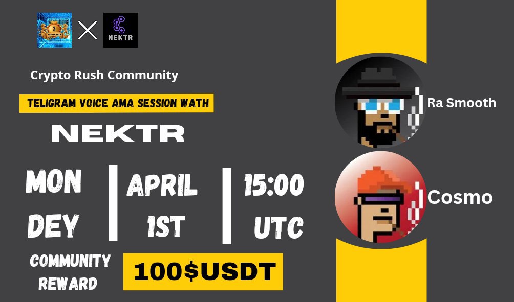 🎙️We're pleased to announce our next Special #Voice AMA with <a href="/n3st3dlabs/">N3ST3D Labs, LLC</a> 1st April 15:00  UTC TIME 

💰Rewards - 100$ #USDT

𝐕ENUE:  t.me/CryptoRushChat…

🚨Rules:

1️⃣Follow <a href="/Crypto_Rush0/">Crypto Rush | AMA + Space</a> &amp; <a href="/n3st3dlabs/">N3ST3D Labs, LLC</a>
2⃣ Like &amp; RT
3️⃣ Comment Your Best Questions And Tag 3 Friends