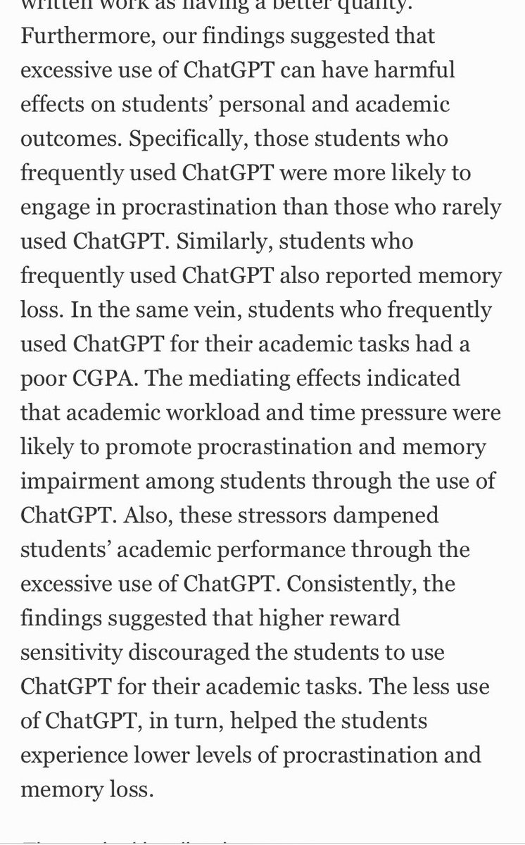 What is the impact of ChatGPT on students? It’s worse than I thought. ▶️ More likely to procrastinate ▶️ Memory loss ▶️ Worse academic performance Whilst more studies are needed, these preliminary results on the impact of generative AI on students are concerning. There is a…