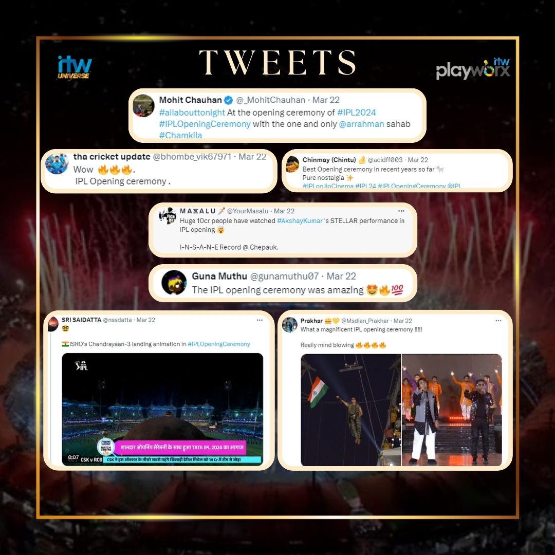 ITWPlayworx's tweet photo. An unforgettable spectacle at IPL opening ceremony 2024! 🌟 Witnessed history with the first-ever Augmented Reality in a live event by ITW Playworx.

#TATAIPL #IPL2024 #ITWPlayworx #AkshayKumar #TigerShroff #DJAxwell #SonuNigam #ARRahman #OpeningCeremony #iplopeningceremony https://t.co/2F2ftHUokn