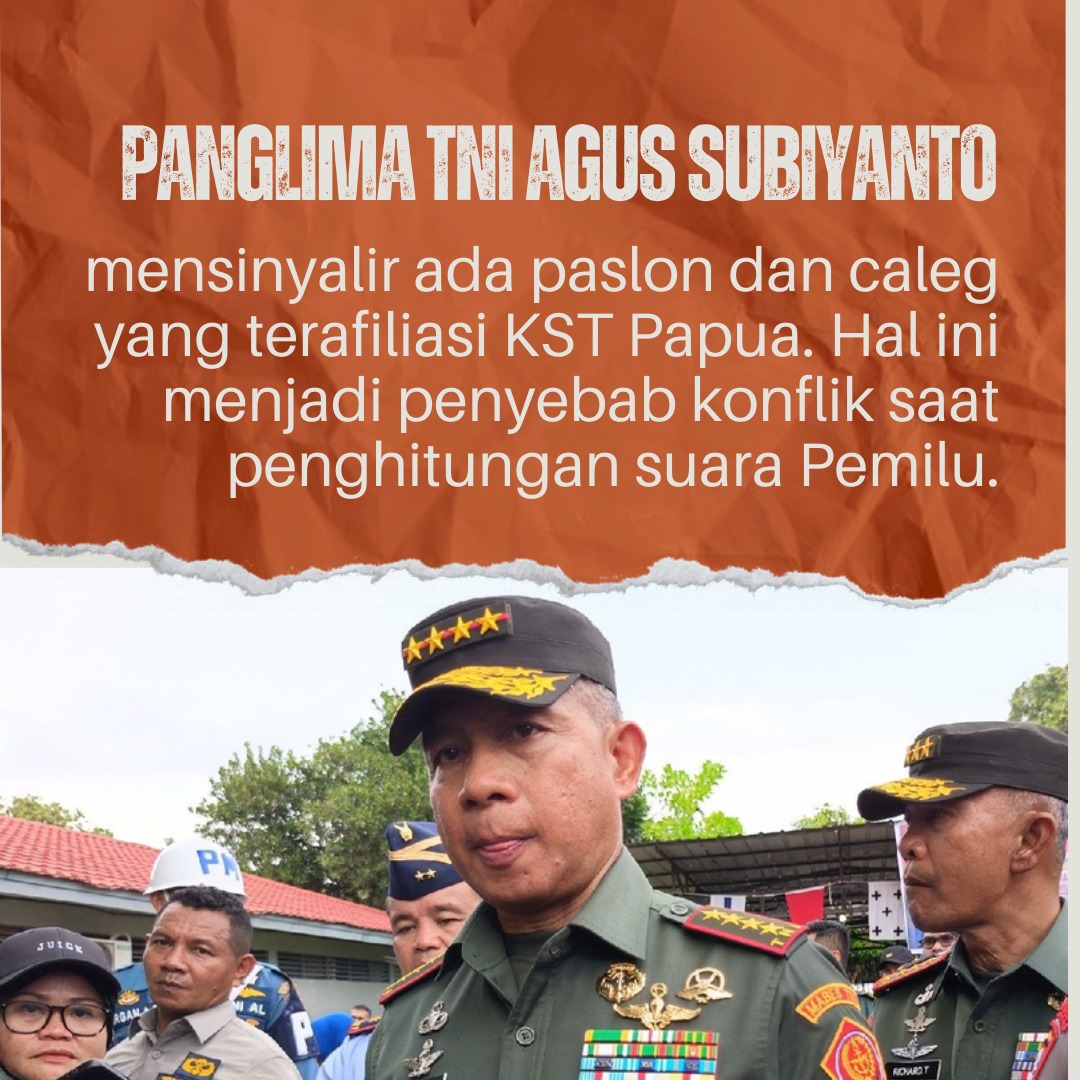 Panglima TNI Agus Subianto mensinyalir ada paslon dan caleg yang terafiliasi dengan KST Papua.

#PemiluPapua #PestaDemokrasiPapua #BerantaKSTP #KSTSebarHoax