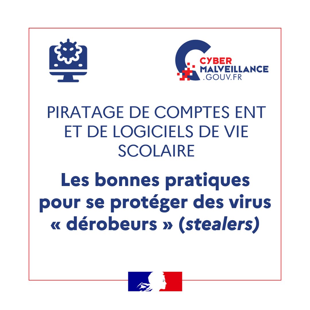 🛡 Afin de prévenir les menaces visant à dérober l'identité des utilisateurs d'ENT ou de logiciels de vie scolaire, @cybervictimes édite une fiche de bonnes pratiques pour se protéger des virus informatiques de type stealer. ▶ eduscol.education.fr/3679/education…