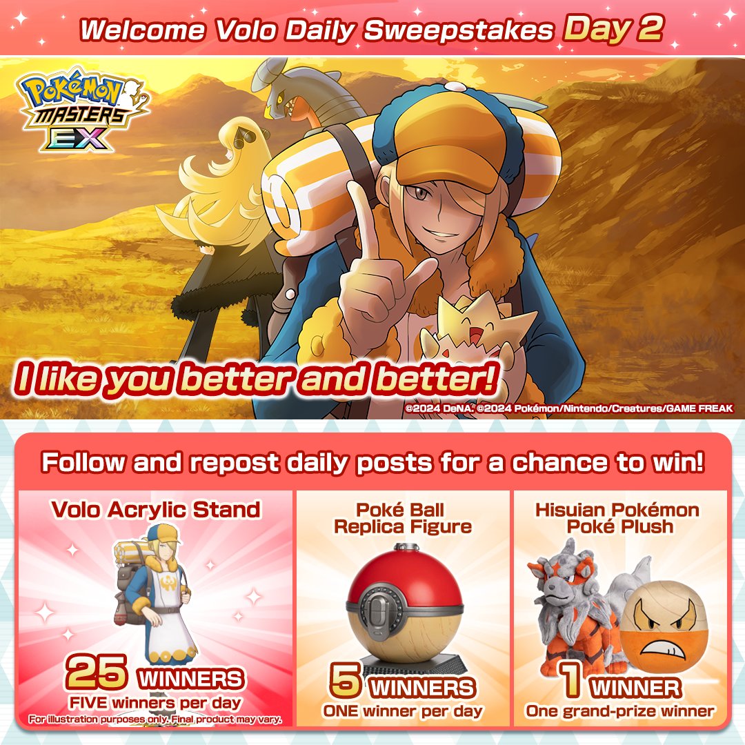 📣 It’s day two of the Welcome Volo Daily Sweepstakes! 📣 To enter just... 1. Follow @PokemonMasters. 2. Repost this post. 3. Repost the announcement quoted below. Sweepstakes ends March 31 at 7:59 p.m. PDT. ⏰