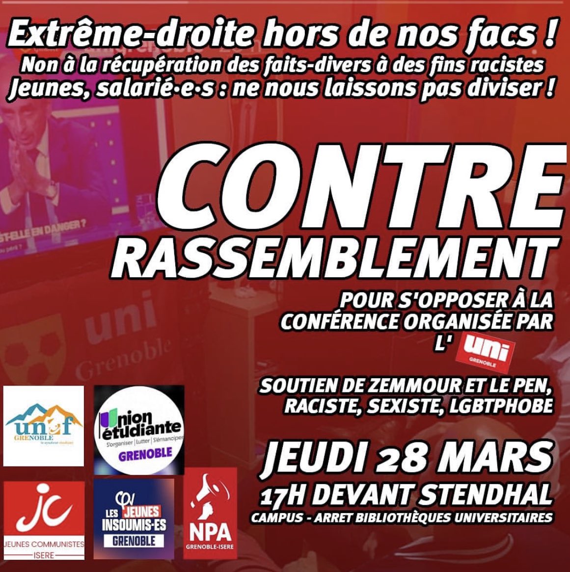 Les organisations d’extrême-gauche tentent de faire annuler notre conférence de ce soir avec Maître Rajon à l’université de Grenoble.

Le tort de l’UNI ? Être de droite.
Le tort de Maître Rajon ? Défendre les victimes du terrorisme.

Le poison gauchiste ne nous fera pas taire.
