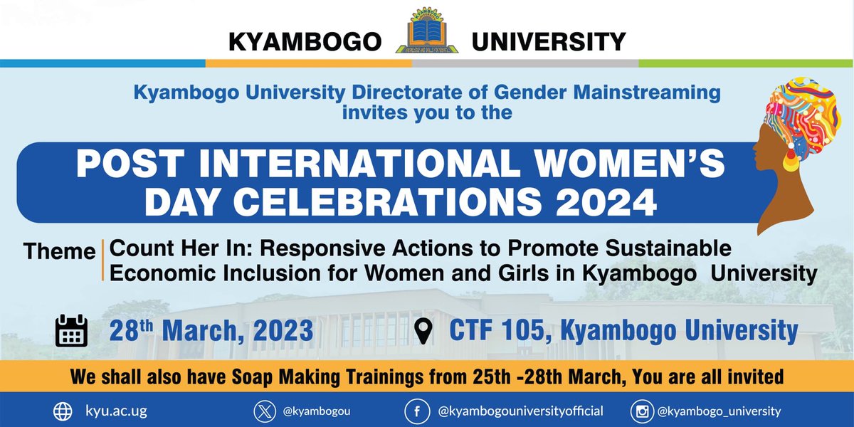 Today we are happy to Join Kyambogo University for the Post Women’s Day Celebrations as we come to the End of the Women’s Month:
Empowering Women and Girls will definitely lead to sustainable development: #CountHerIn #WomensMonth #IWD2024 ⁦⁦@kyambogou⁩