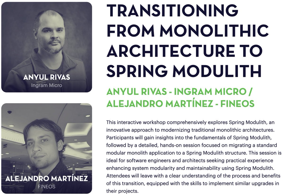 🎉 Exciting News Alert! 🎉

Thrilled to share that our workshop 'Transitioning from Monolithic Architecture to Spring Modulith' crafted by @anyulled  and myself has been accepted for, @spring_io!

🌍 See you all there! 🚀

#springio #springio24 #softwarearchitecture #springboot