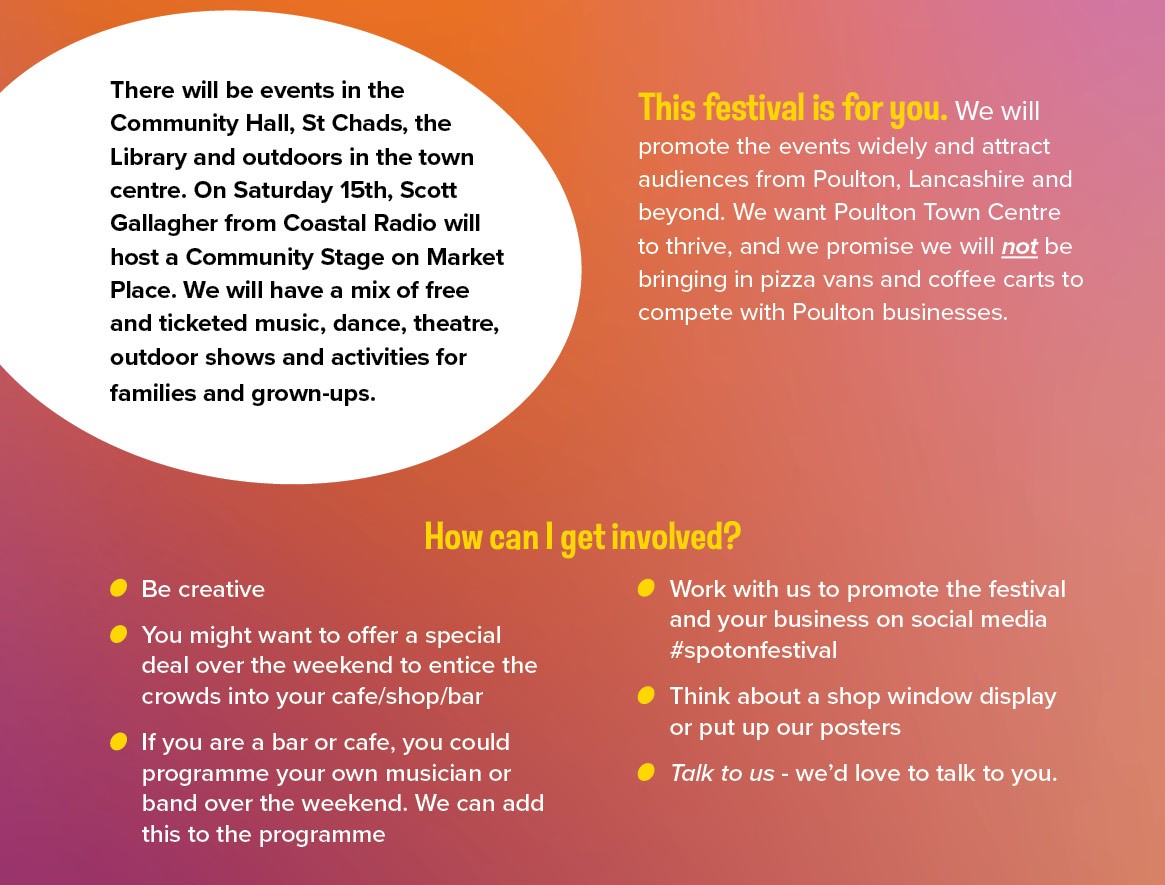 Spot On Lancashire (@spotonlancs) on Twitter photo 📢Calling Poulton-Le-Fylde cafes, bars and businesses 📢
Be part of this:
Spot On Festival, a jam-packed weekend of live performances, is coming to Poulton 14-16 June.
Email hello@spotonlancashire.co.uk
☕️🍻🍦🍔🎉
<a href="/Culturapedia/">Culturapedia</a> <a href="/wyrecouncil/">Wyre Council</a> <a href="/ace_national/">Arts Council England</a> <a href="/LancashireCC/">Lancashire County Council</a> 📢Calling Poulton-Le-Fylde cafes, bars and businesses 📢
Be part of this:
Spot On Festival, a jam-packed weekend of live performances, is coming to Poulton 14-16 June.
Email hello@spotonlancashire.co.uk
☕️🍻🍦🍔🎉
<a href="/Culturapedia/">Culturapedia</a> <a href="/wyrecouncil/">Wyre Council</a> <a href="/ace_national/">Arts Council England</a> <a href="/LancashireCC/">Lancashire County Council</a>