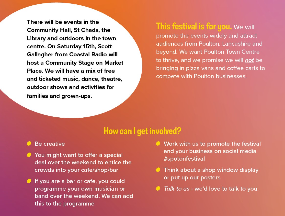 📢Calling Poulton-Le-Fylde cafes, bars and businesses 📢 Be part of this: Spot On Festival, a jam-packed weekend of live performances, is coming to Poulton 14-16 June. Email hello@spotonlancashire.co.uk ☕️🍻🍦🍔🎉 @Culturapedia @wyrecouncil @ace_national @LancashireCC