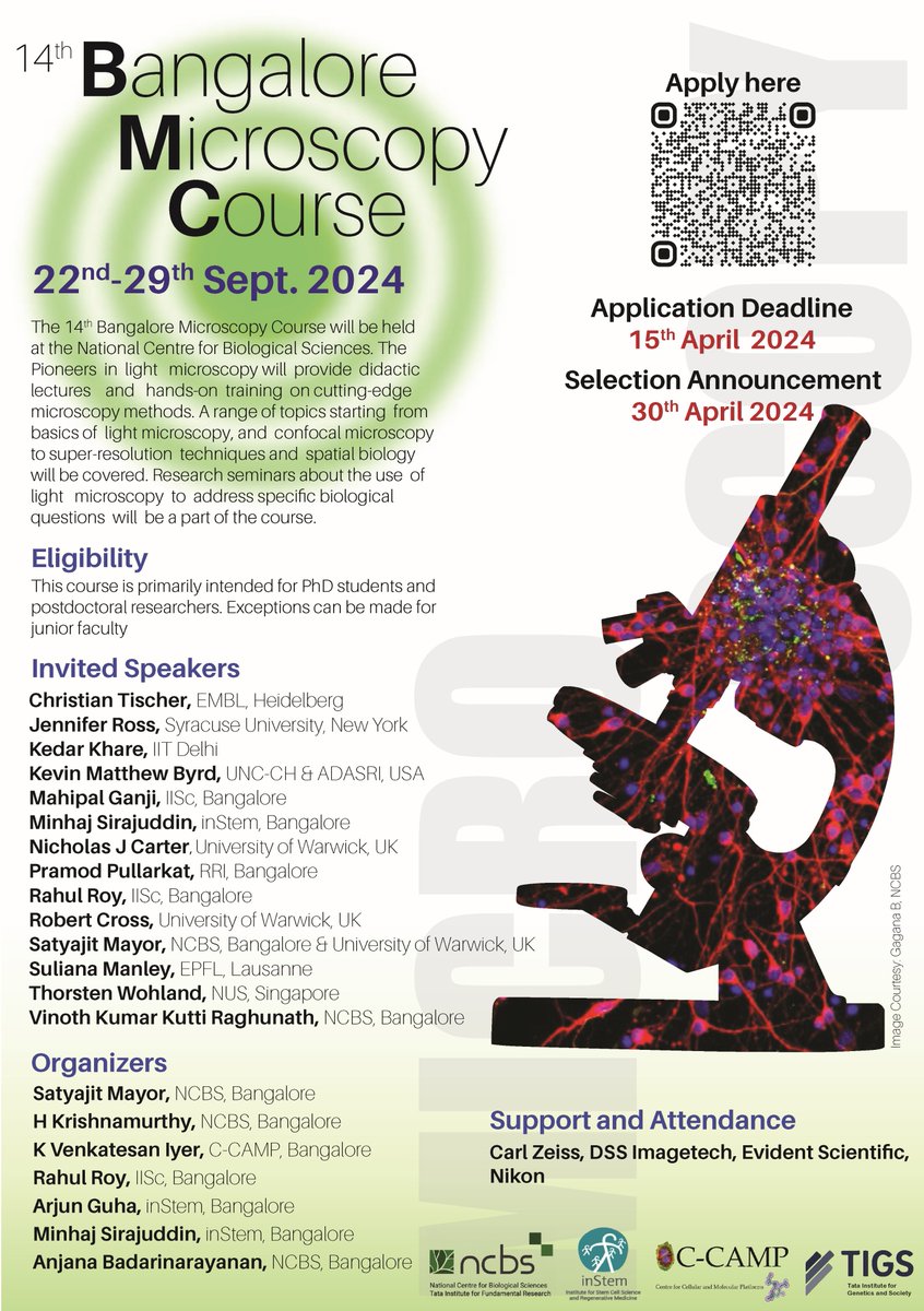 The 14th edition of the Bangalore Microscopy Course is now open to receiving applications. Last date for applying is 15 April 2024! For more details check the link ncbs.res.in/BangaloreMicro… @CCAMP_Bangalore @TIGS_India @DBT_inStem