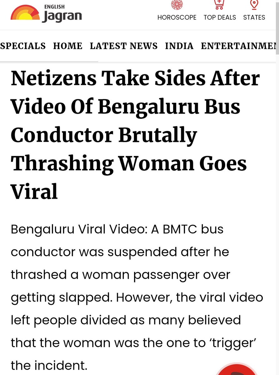 Main stream media has been promoting toxic female culture for last 10 years. It has never written any article warning women not to assault men or not to create highly provocative situations. Media has normalized violence against men. english.jagran.com/viral/netizens…