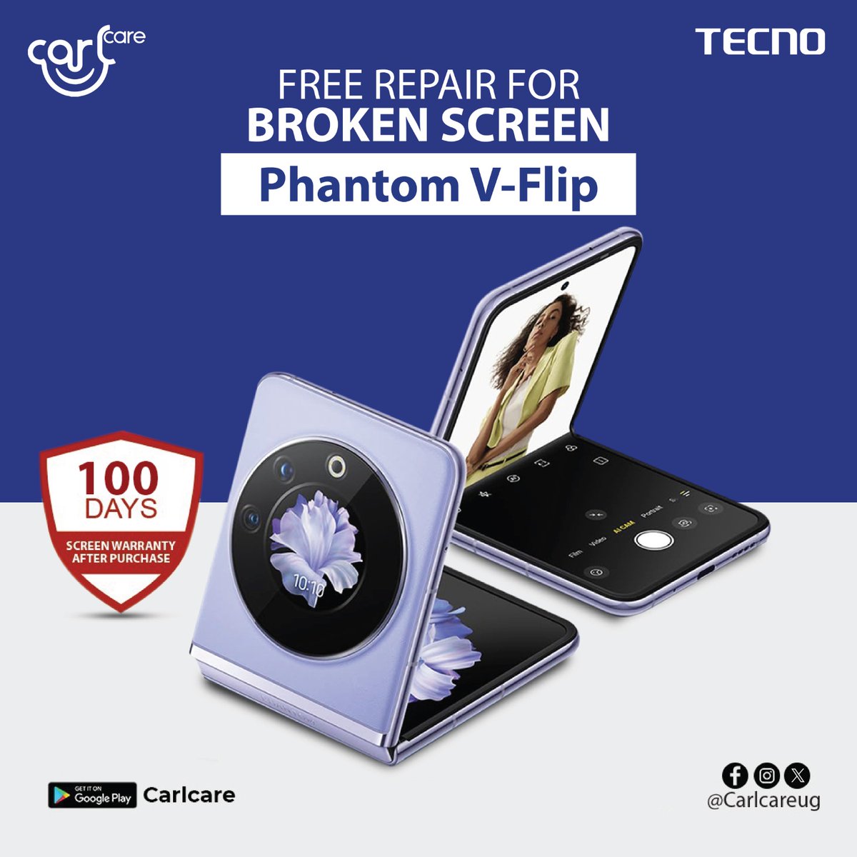 Carlcareug's tweet photo. Carlcare as the official service provider for #Tecno offers the #PhantomVFlip customers a One-Time free broken screen replacement within 100days after purchase & unlimited screen warranty after service. #ServicePolicy #CarlcareService #repairshop #FreeServices https://t.co/KVpFG37T4A