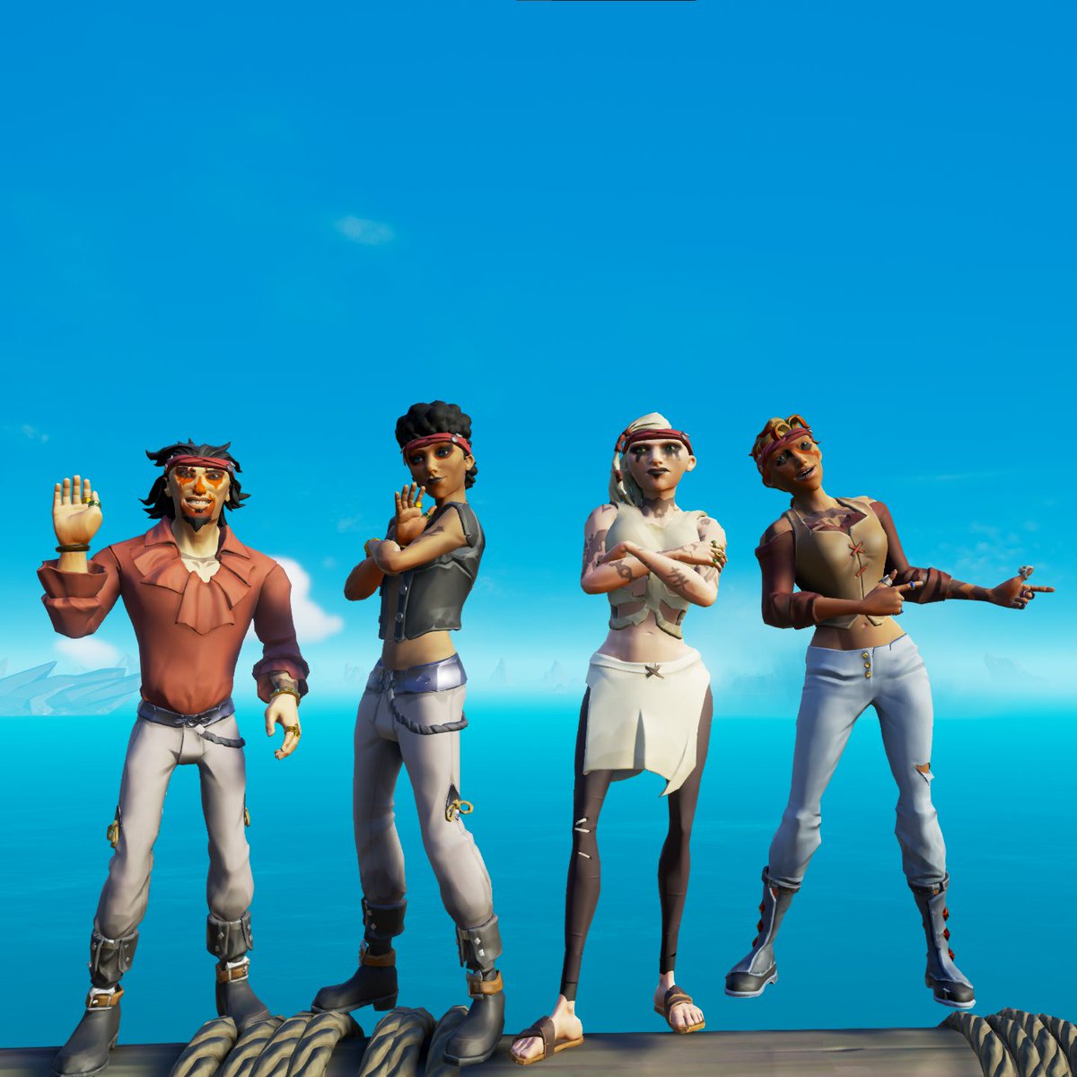 #StyleOfThieves 
<a href="/SeaOfThieves/">Sea of Thieves</a> 
Theme: Pop Band
Left to right: Hapy, Im Heroicc, Ashen Isle, Cursed Isle