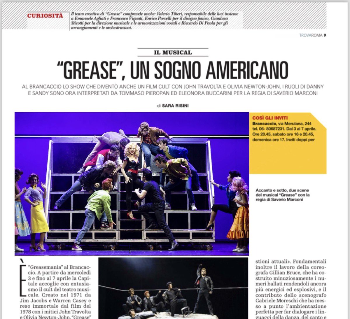 TrovaRoma - la Repubblica (@trovaroma_rep) on Twitter photo Al <a href="/Brancacciotweet/">Teatro Brancaccio</a> debutta “Grease”. Il musical vede #TommasoPieropan ed #EleonoraBuccarini nei ruoli di Danny e Sandy per la regia di #SaverioMarconi (<a href="/CompagniaRancia/">Compagnia Rancia</a>). Ne parla <a href="/SaraRisini/">Sara Risini</a> sul #TrovaRoma, in edicola oggi con <a href="/repubblica/">Repubblica</a>. Inviti per i lettori. Al <a href="/Brancacciotweet/">Teatro Brancaccio</a> debutta “Grease”. Il musical vede #TommasoPieropan ed #EleonoraBuccarini nei ruoli di Danny e Sandy per la regia di #SaverioMarconi (<a href="/CompagniaRancia/">Compagnia Rancia</a>). Ne parla <a href="/SaraRisini/">Sara Risini</a> sul #TrovaRoma, in edicola oggi con <a href="/repubblica/">Repubblica</a>. Inviti per i lettori.