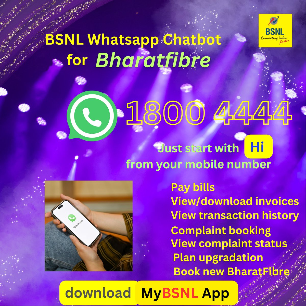 Connect with us for a seamless experience. Book your new BharatFibre connection and much more..... #BharatFiber #BSNLWhatsapp #ConnectwithBSNL #BSNLchatbot
@BSNL_RJ