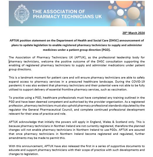 APTUK welcome @DHSCgovuk plans announced today to allow #PharmacyTechnicians to supply and administer medicines under #PGDs: ow.ly/w3CH50R3RXj See our position statement below: #PatientAccess #Pharmacy24 #ProfessionalRecognition #PharmacyServices