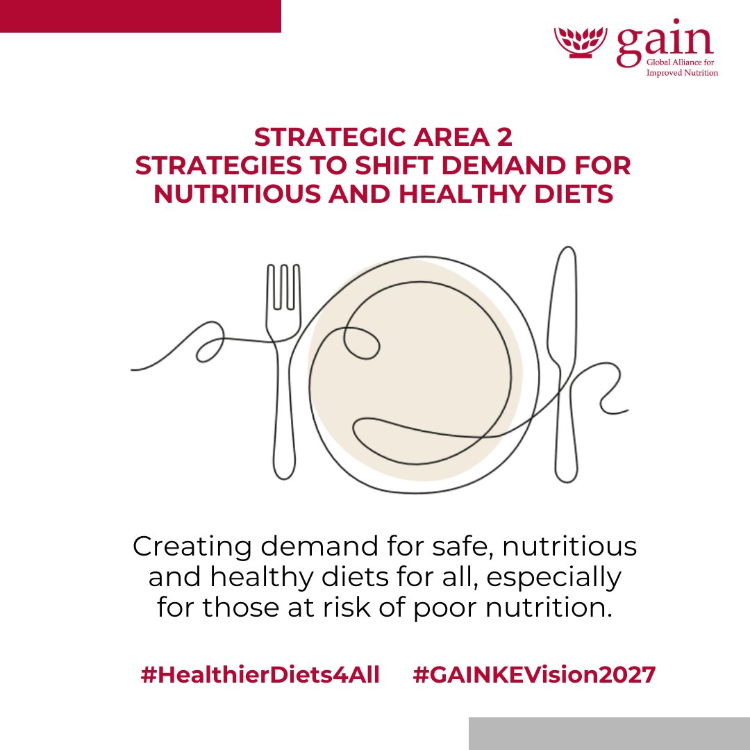 Key factors that are important in supporting demand for nutritious and healthy foods include: awareness, consumer rights and information, empowerment of consumers, food culture &amp; preferences towards #HealthierDiets4All and mechanisms that deliver safe foods. #GAINKEVision2027