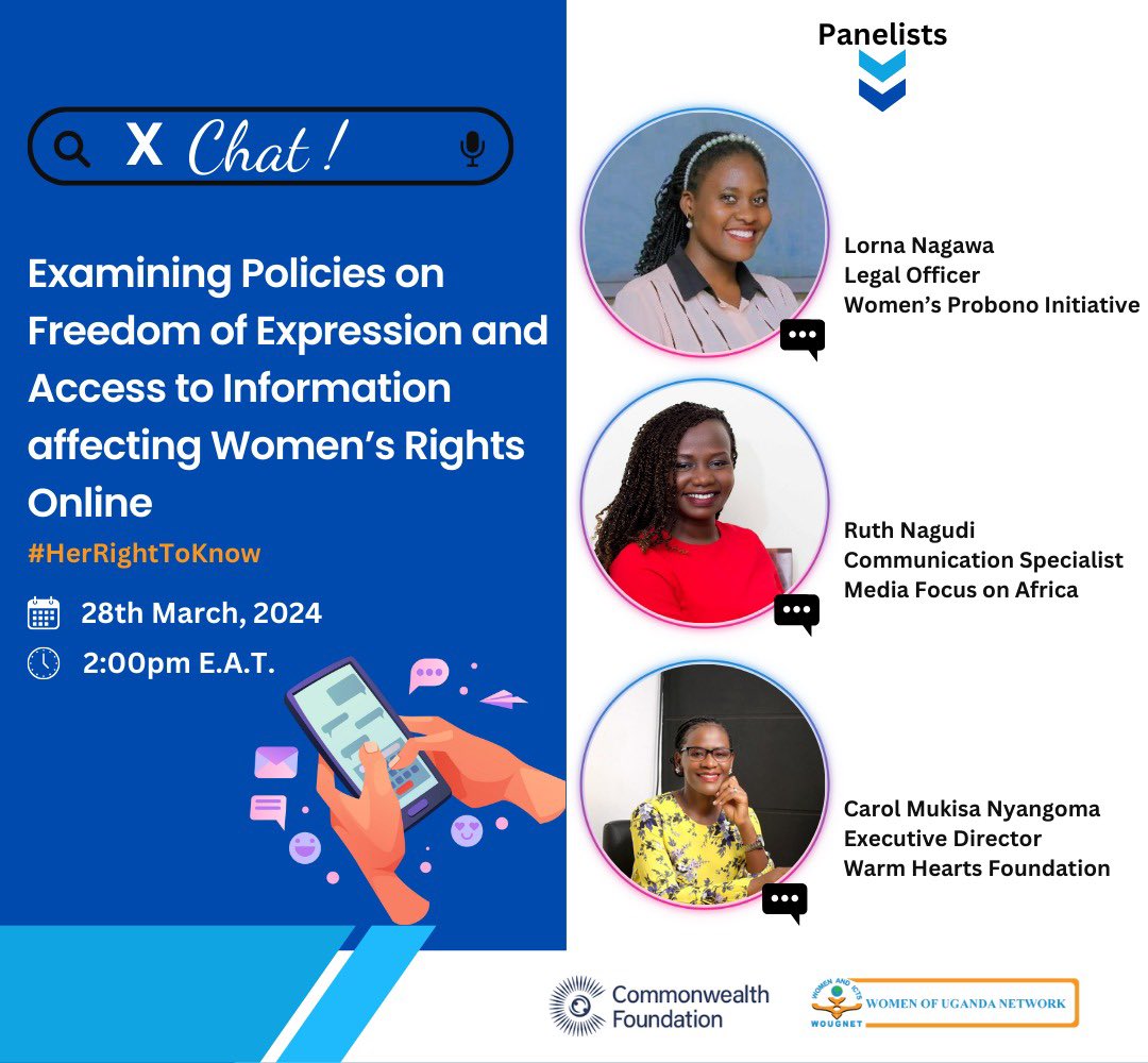 🤔Did you know that policies on Freedom of Expression & Access to Information hinder #WomensRightsOnline? 📣Join @wougnet today in a Tweet Chat as we explore some of these laws & how they affect women’s participation online. 📆28th March 2024 ⏱️2:00 PM EAT #HerRightToKnow
