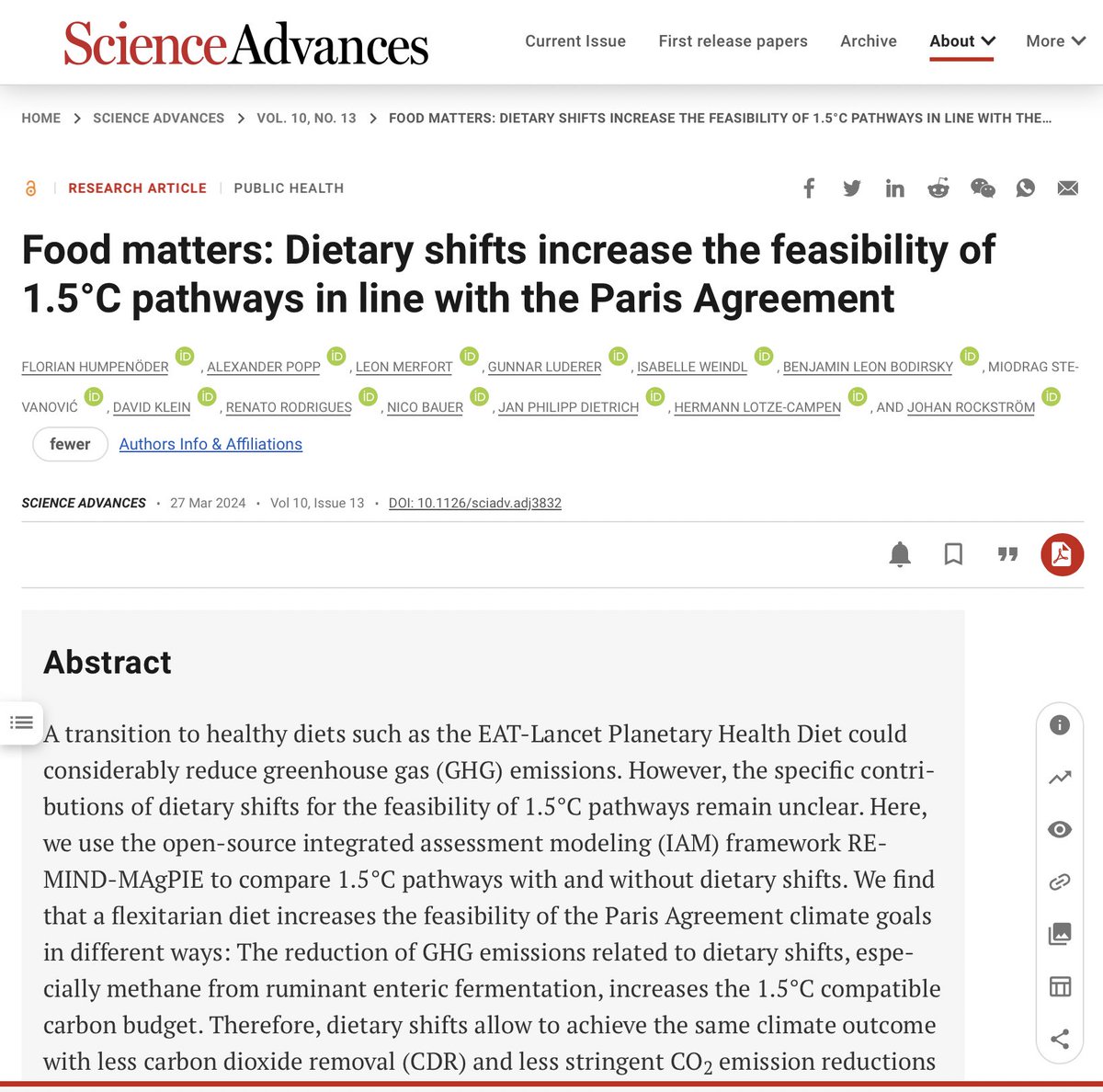 OUT NOW! Our new study on the many benefitial effect of changing dietary choices towards less meat, less processed food and higher share of unsaturated fats. Result: Big synergies between private health and global climate benefits. science.org/doi/10.1126/sc…