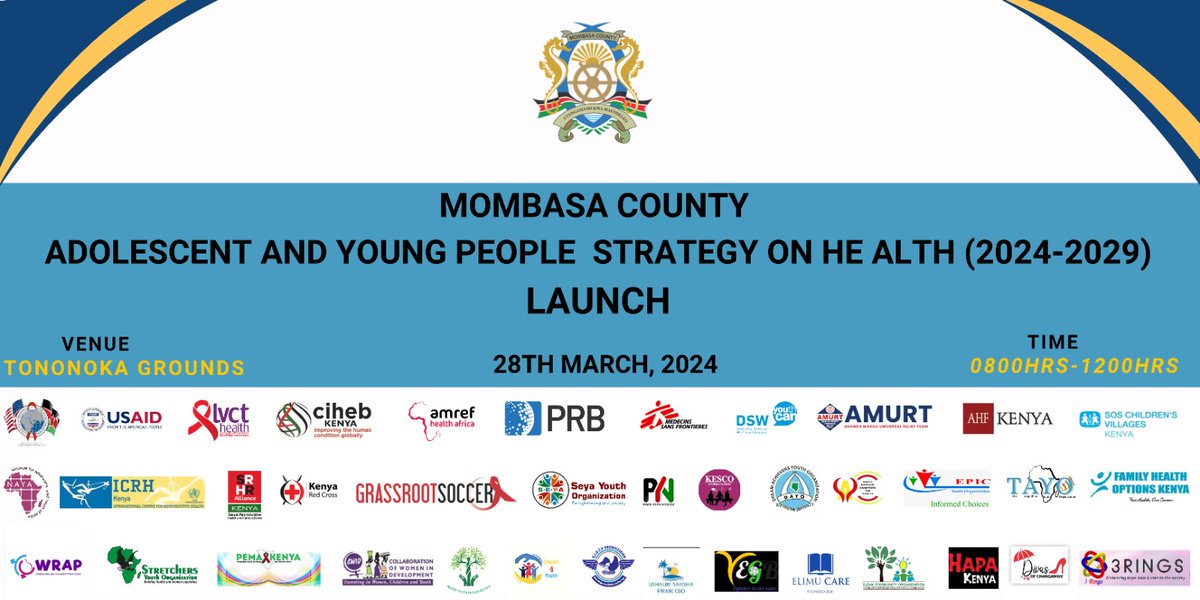 We invite everyone who shares a passion for improving the health and well-being of adolescents and young people to join us at Tononoka grounds for the launch of Mombasa AYP Strategy. Together, we can create a brighter future for the youth of Mombasa County.
@DSWKenya 
<a href="/ahfkenya/">AHF Kenya</a>
