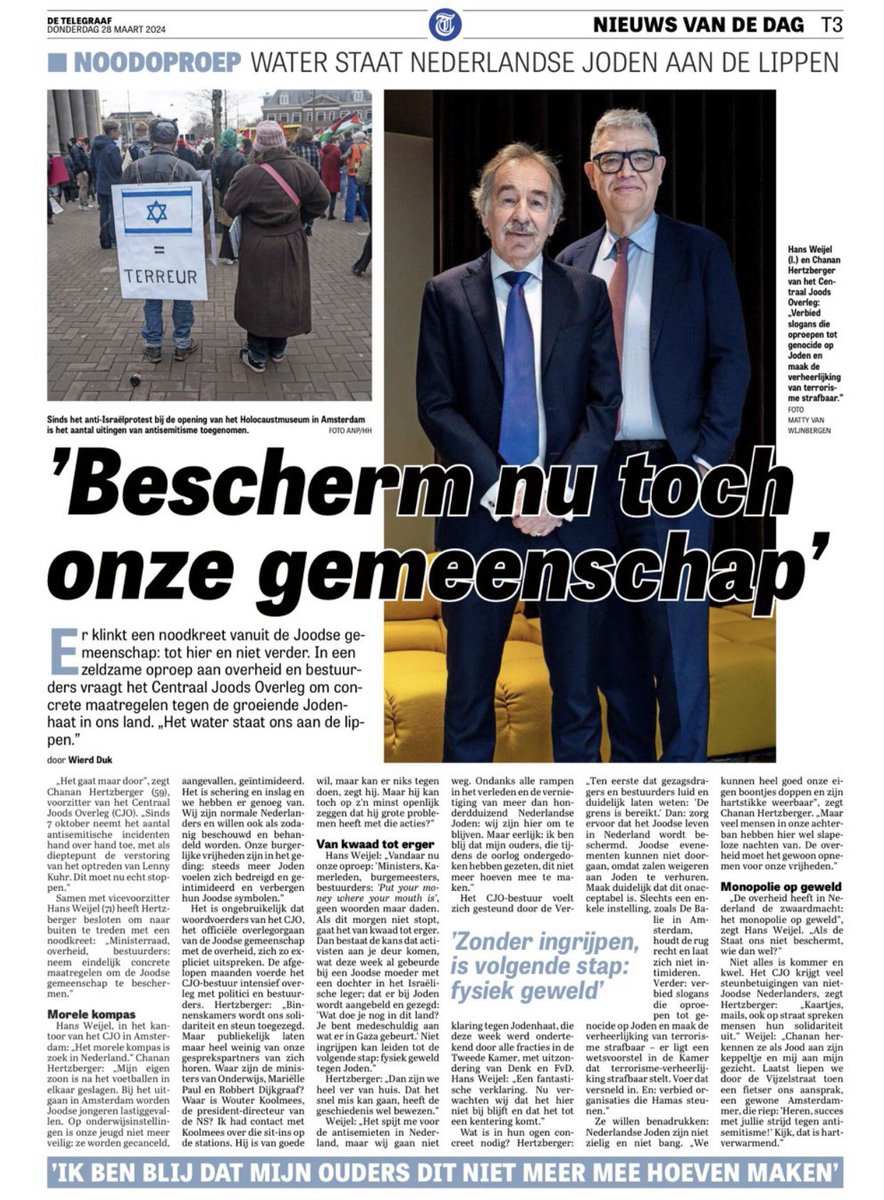 Centraal Joods Overleg verlangt van de regering onmiddellijke concrete stappen tegen #Jodenhaat. 
“Op onderwijsinstellingen is onze jeugd niet meer veilig: ze worden gecanceld, aangevallen en geïntimideerd. Het is schering en inslag en we hebben er genoeg van. Wij zijn normale