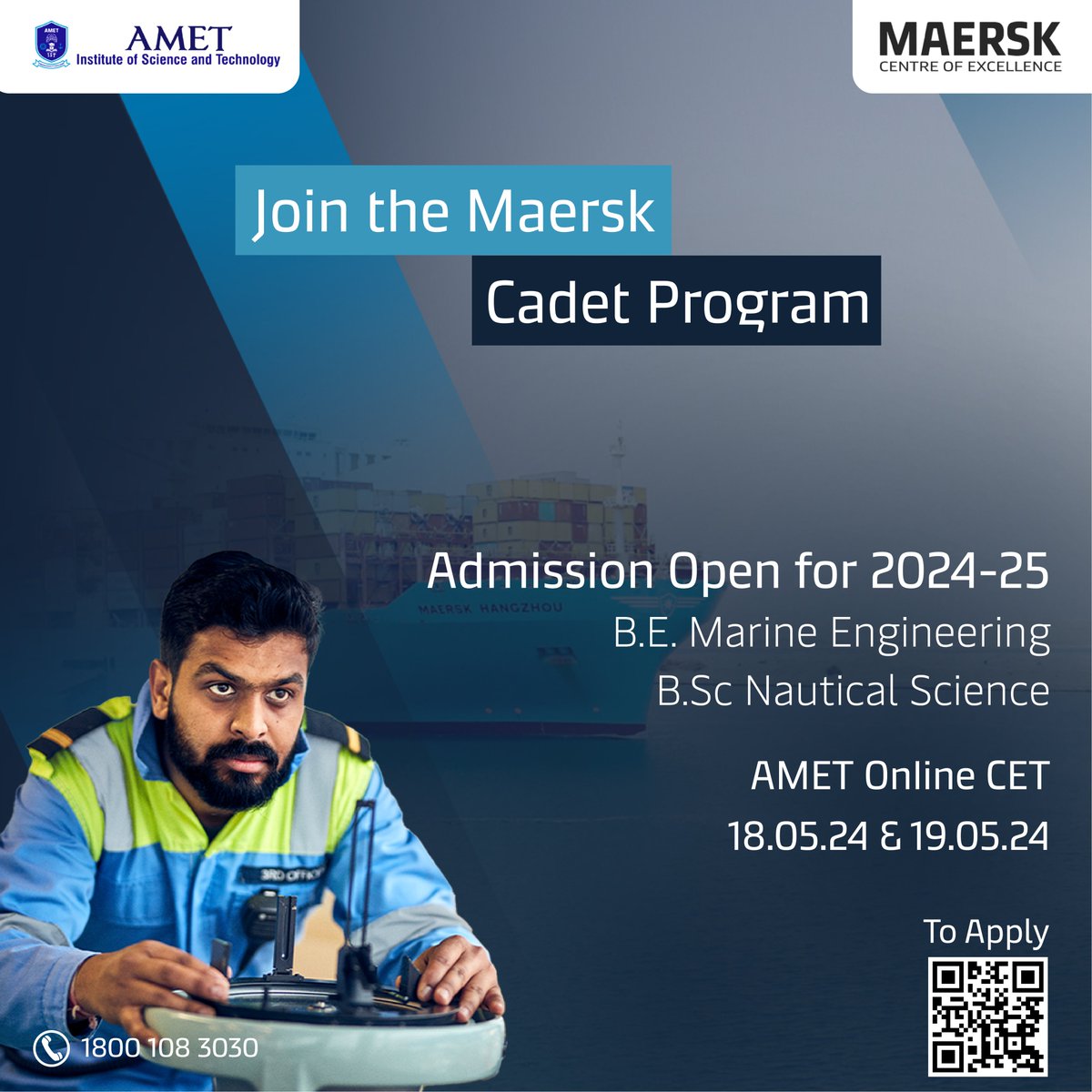 Embark on a journey towards a promising career in the maritime industry through Maersk's Cadetship Program in BSc. Nautical Science - crafting the future of ships!

#maerskCadetship #nauticalscience #maritimeEducation #AMET #AMETIST #AMETMCE #MAERSK