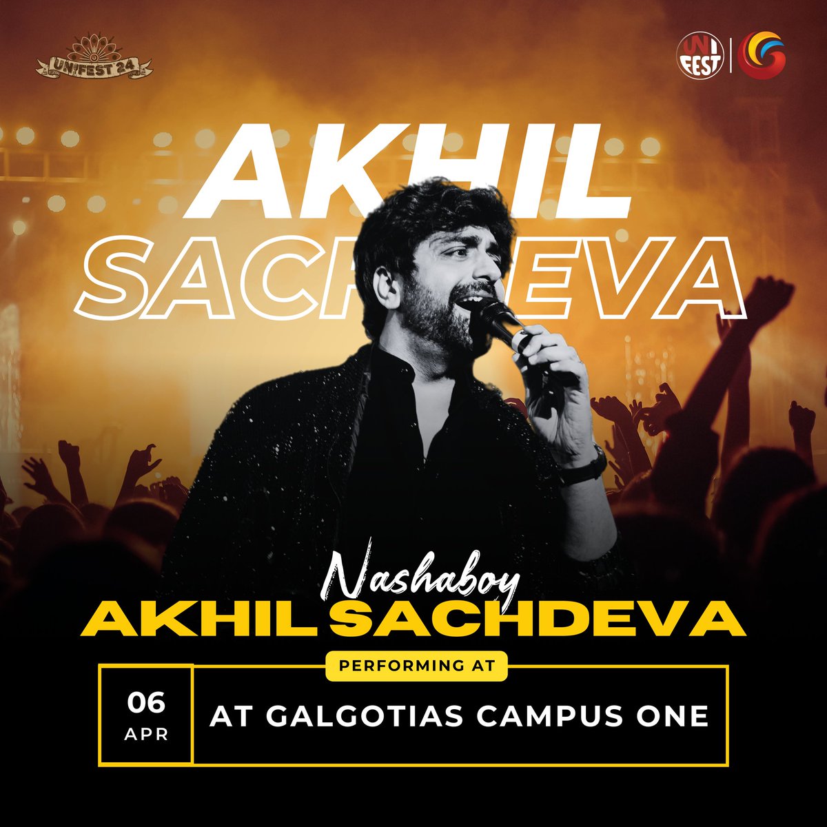 gucouncil's tweet photo. Experience the euphoria of a lifetime at Unifest 2K24 with Akhil Sachdeva's mesmerizing melodies! Save the date, join us at Galgotias Campus One, and embark on a musical journey like no other! 🎵
.
@DGalgotia @GalgotiasGU 
.
#galgotias_unifest #unifest2024 https://t.co/Ezk77Y8Njm