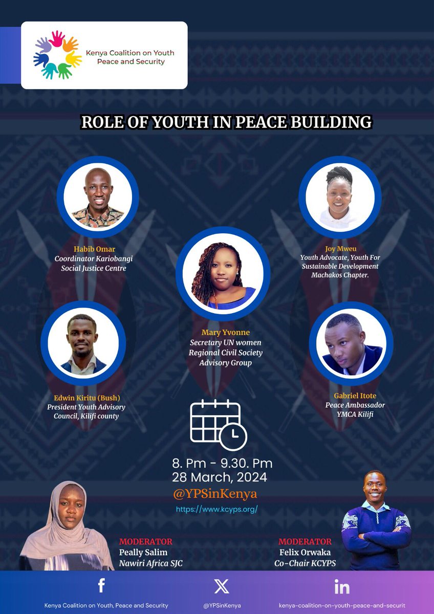 Join us tonight 8pm as we discuss role of youth in peace building. @YmcaKilifi @NawiriAfrica #YPS