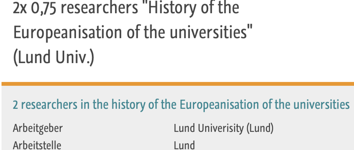 2 postdoctoral positions: 'History of the Europeanisation of the universities' (Lund Univ.) hsozkult.de/job/id/job-143…