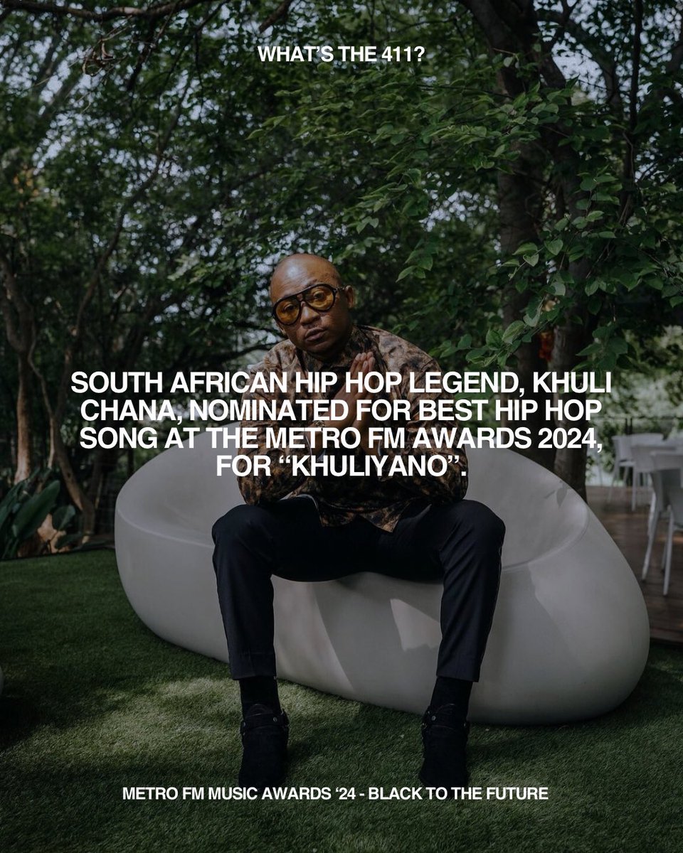 oh, my days! We’ve been nominated for Best Hip Hop Song at the Metro’s. 🏆

Thank you, @KhuliChana. Khuliyano was a labour of love. I am finally an award nominated producer! God, this is all You.