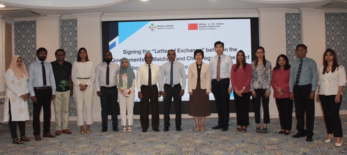 Signing ceremony of ‘Letter of Exchange’ between the Government of Maldives and the Government of People’s Republic of China on the grant for laboratory equipment for 17 health centers. @ChinaEmbassy_MV @abkhaleel