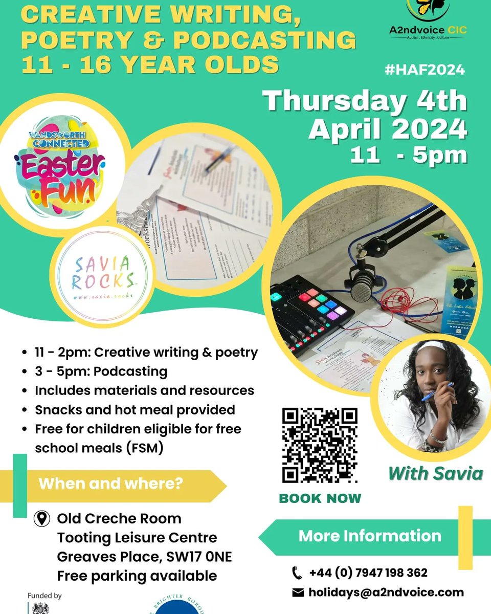 A2ndVoice's tweet image. Small group sessions 
Inclusive Workshop with Savia @SaviaRocks part of our @wandbc  #HAFProgram 

Thu 4 Apr 
11 to 5pm

Tooting Leisure Centre in Old Creche Room 

#CreativeWriting #Poetry #podcasting