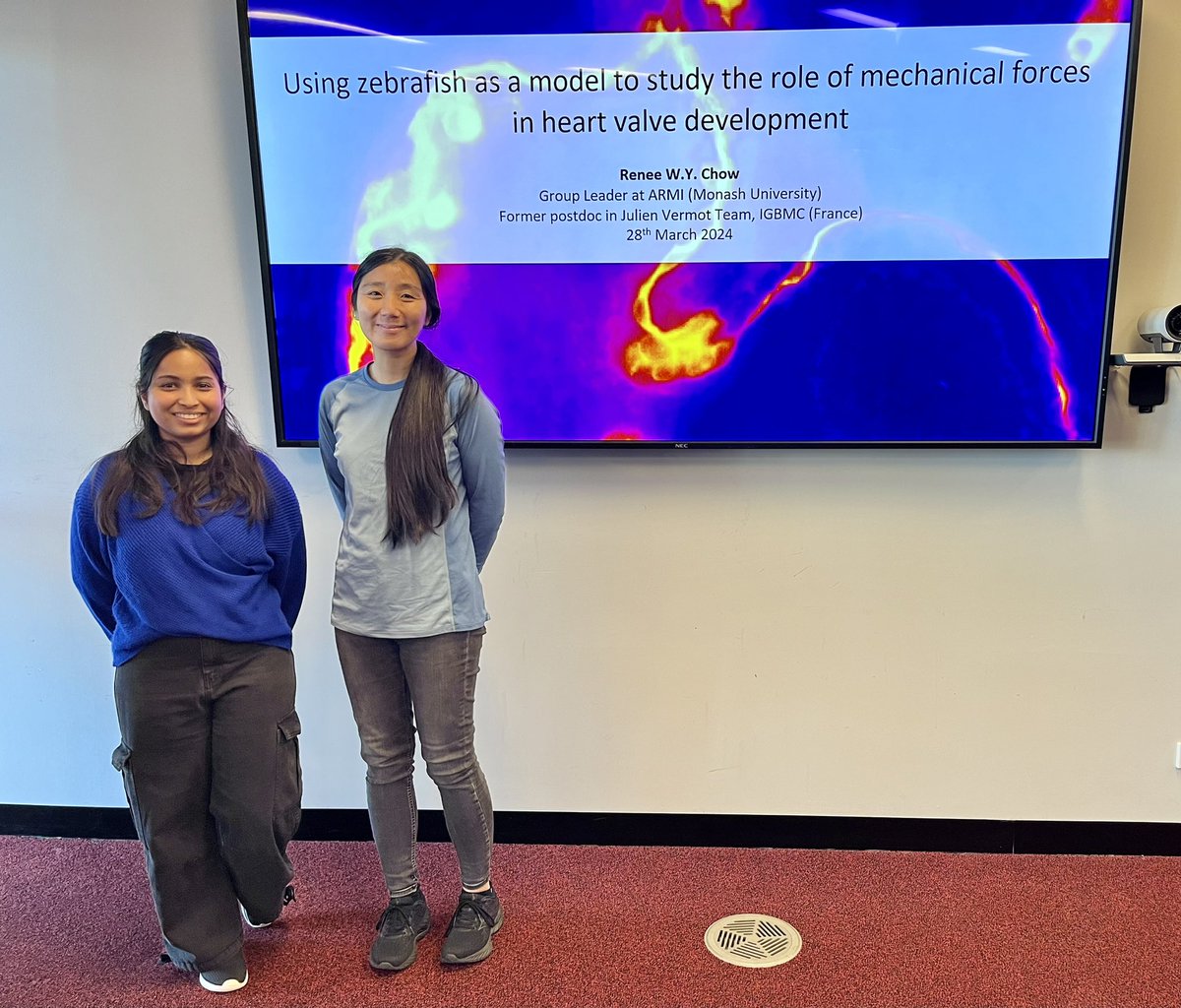 Today’s seminar perfectly showcased the intersection of cell biology and bioengineering with @reneechow7’s research on forces in heart valve development and Aafreen Ansari’s work on photodynamic hydrogels for mechanobiology. @monashengineers @ARMI_Labs