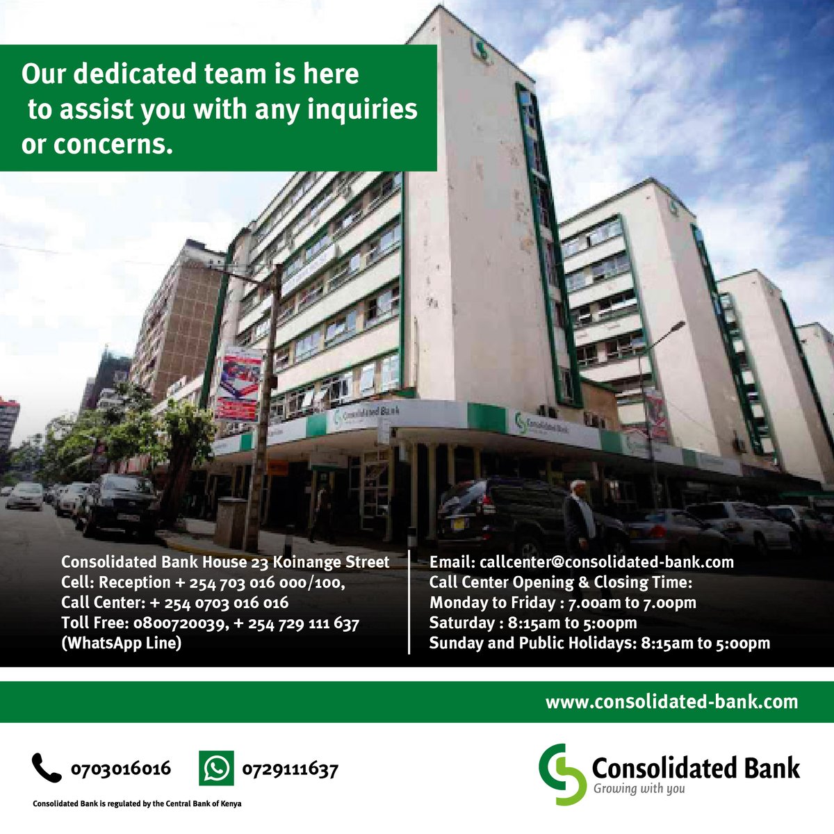consolidatedKe's tweet photo. Call our dedicated team for seamless account opening assistance and expert guidance with all your banking queries.📱 Let's start your financial journey together.

#TusongePamoja https://t.co/ChJCggQuHc