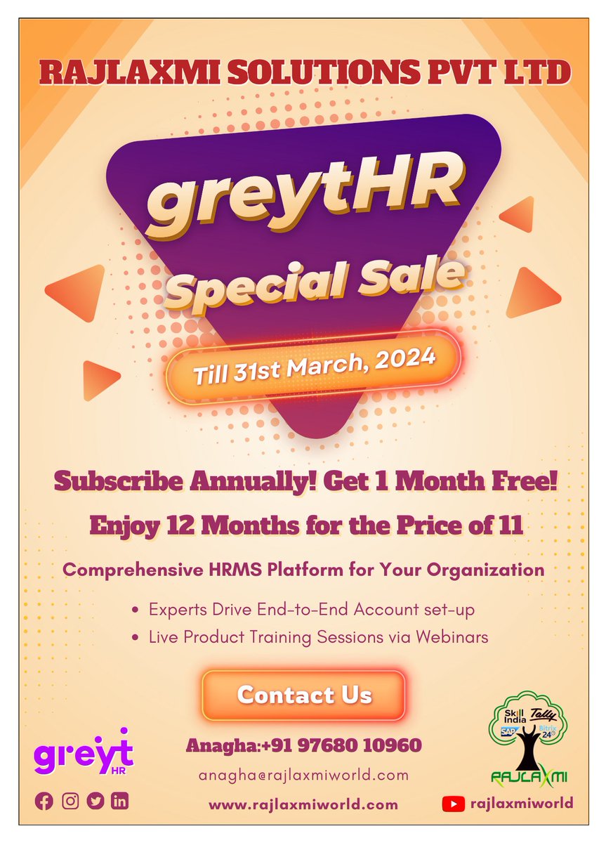 🔥 Don't miss out on our exclusive deal! Subscribe annually to Greythr and unlock 1 FREE month of premium features! 🎁

Maximize your HR efficiency with 12 months of top-notch software for the price of only 11! 

#HRManagement #SpecialOffer #BoostProductivity #LimitedTimeOnly 🚀