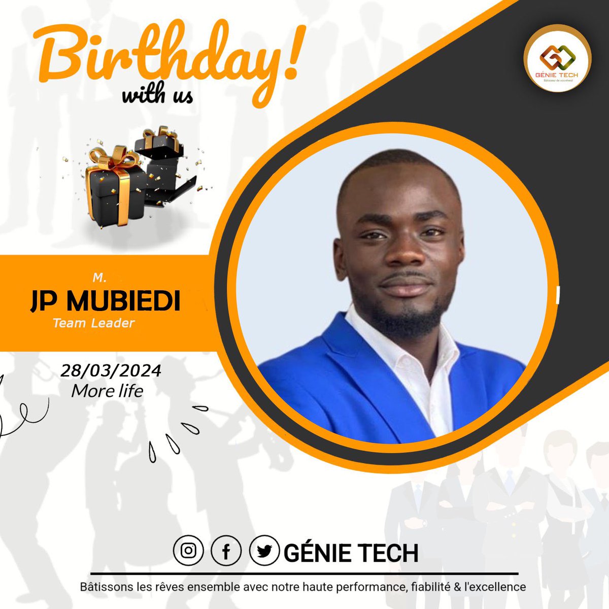 Genietech34's tweet photo. Birthday with us!
More life to you Director @jpmubiedi

#GENIE_TECH_DRC #birthday https://t.co/W5ddqeY3ID