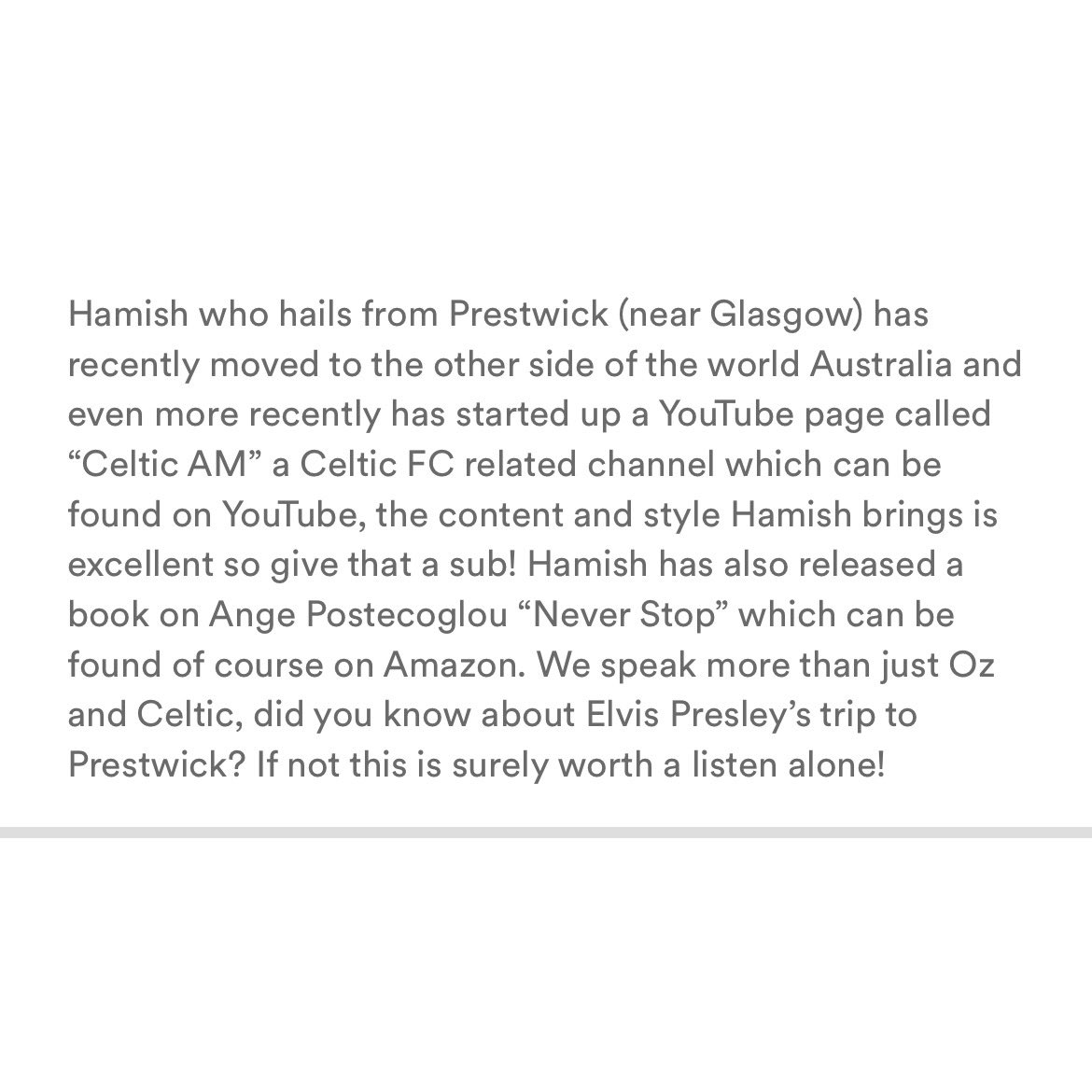 🚨Episode 3 @hamishcarton 🚨 Delighted to have spoken to with Hamish, a man whose work I have been a fan of for a few years. Give his new YouTube channel #CelticAM a sub! Spotify open.spotify.com/episode/7MBvoX… Apple podcasts.apple.com/gb/podcast/gen… #Celtic #melbourne #bigAnge #Scotland