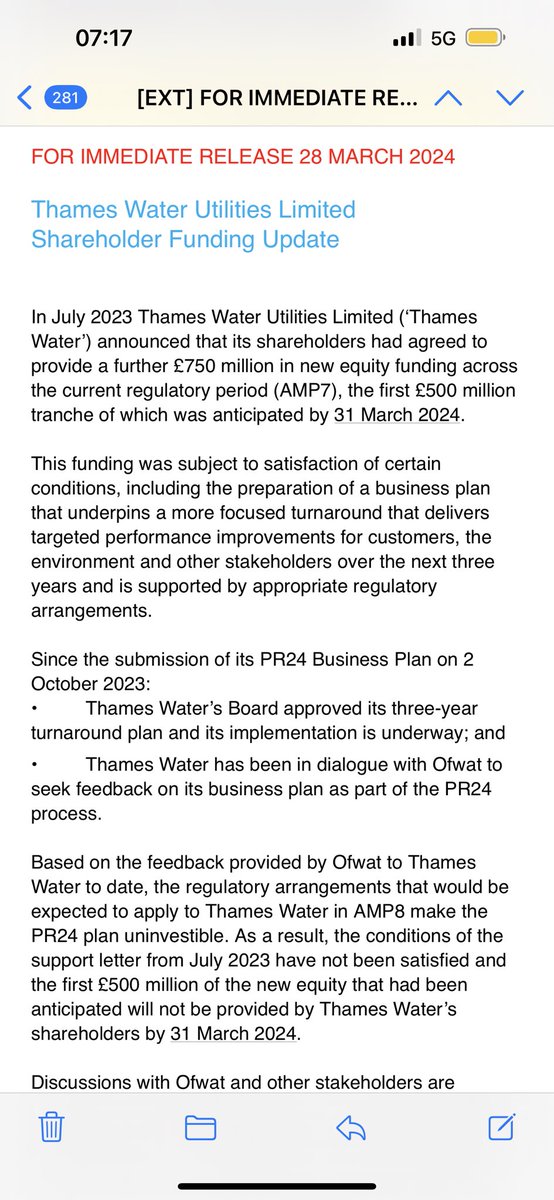 H2-Woe. Thames Water confirms its shareholders are no longer willing to provide £750m of funding that had been pledged for this year. They blame the regulator, OFWAT, for not allowing Thames to set customer bills at a level which makes the business “investable”. In theory…