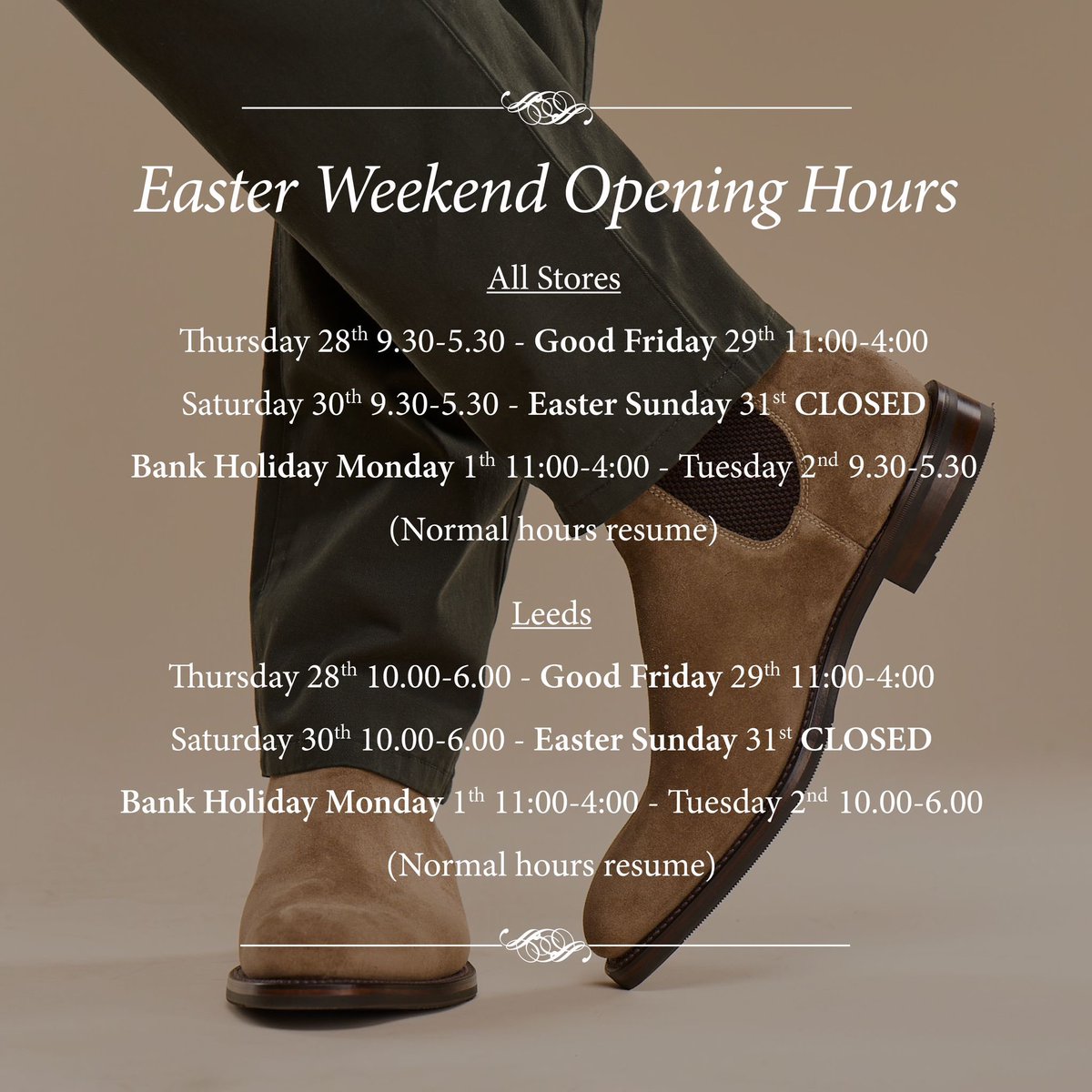 If you're looking to visit us over the Easter weekend, we have slightly adjusted our opening hours for the bank holiday! 👞
thebroguetrader.com
#morethanashoeshop