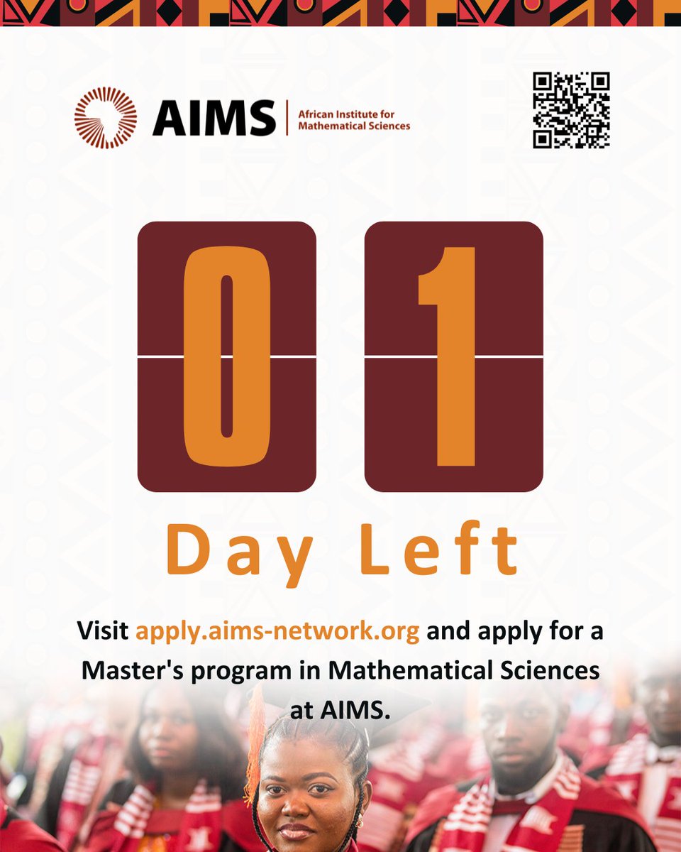 In 1... You are the future of Africa! By enrolling in the AIMS Master’s program in Mathematical Sciences, you have the power to positively shape this continent. Apply now at:apply.aims-network.org